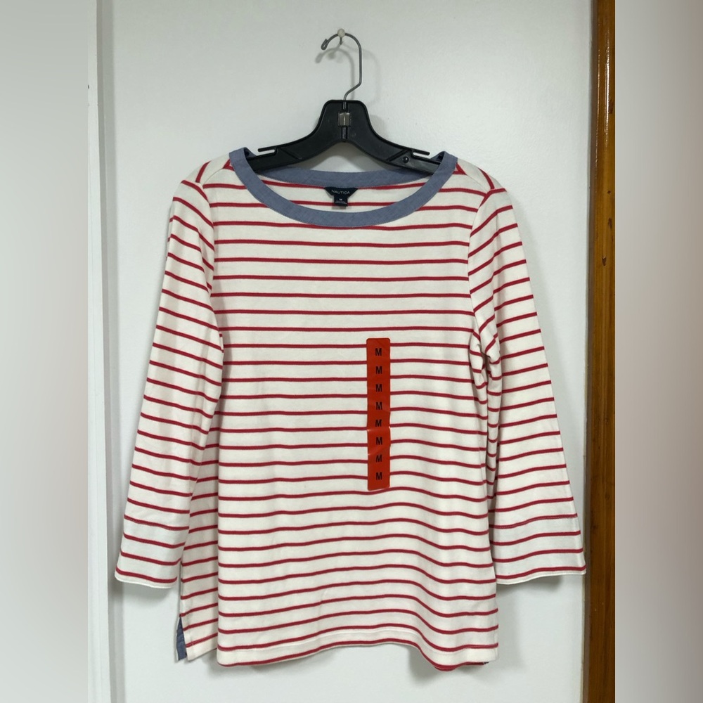 Nautica Women's Medium Long Sleeve Shirt Color Red/White/Blue